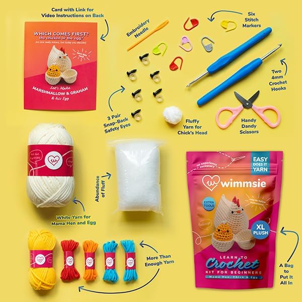 Wimmsie Crochet Animal Kit for Beginners - Easy Beginner Crochet Kit for Kids - Gift for Mom - Amigurumi Chicken Chick & Egg - 3 Kawaii Stuffed Animals - Cute DIY Yarn Plush - Image 3