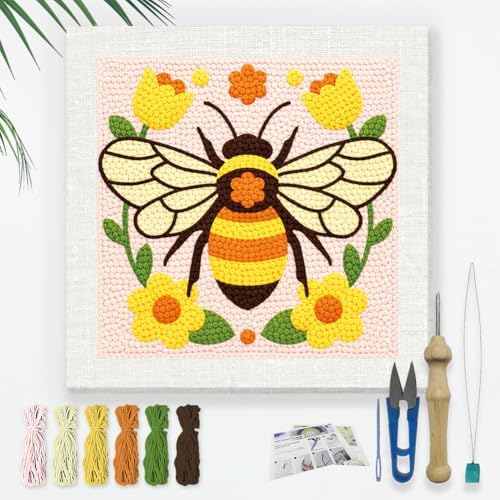 DOODLREAM Bumble Bee Flower Needle Kit for Beginner, 9.4"x 9.4" Cute Garden Bee Punch Stitching Craft Set, DIY Embroidery Starter with Printed Frame, Instruction, Threader, Yarn, Pinch Needle by Doodlream
