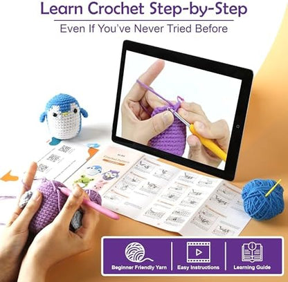A-URA Learn to Crochet Kit for Beginners Kids and Adults, Premium 4 Animal Pattern Beginner Crochet Kits with Easy Tube Yarn & Step-by-Step Video Tutorials (Forest Friends–Standard Size) - Image 2
