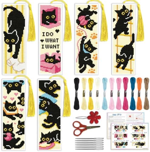ACRNIGHEET 6PCS Cross Stitch Bookmark Kit for Beginner Stamped Cross Stitch Kits for Adults Naughty Black Cat DIY Tassel Embroidery Bookmark Kits Needlepoint Kit with Instructions Gift 8.5''x3'' 11CT by ACRNIGHEET