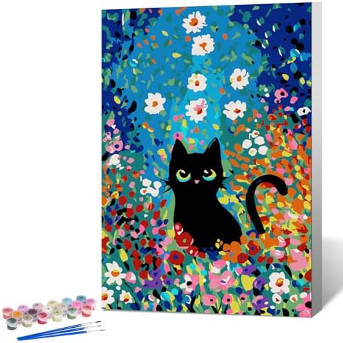 Framed Paint by Numbers Kit for Adults Beginner 8x12 IN, Flowers Cat by Fountor
