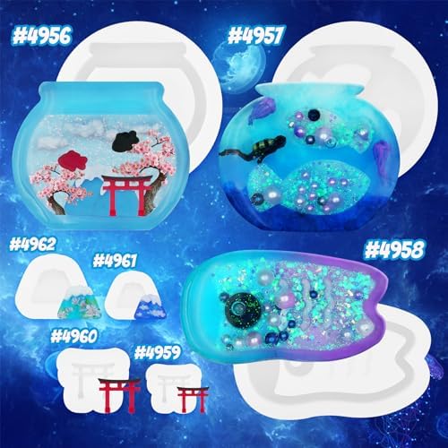 Resin Shaker Silicone Molds and Seal Films Casting Set Pack of 12 Enchanted Japanese Jewelry Charm Koinobori Mt Fuji Goldfish Bowl - Image 3
