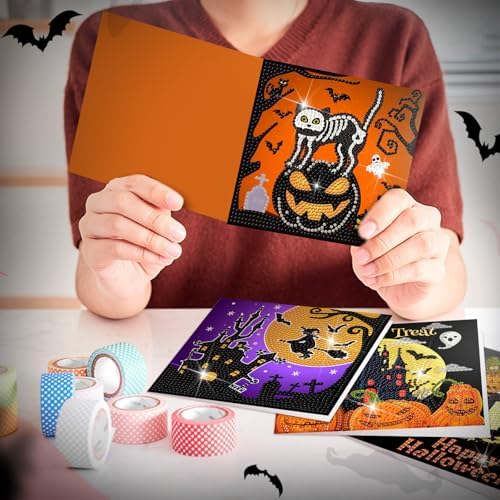 Saillong 12 Pack Halloween Diamond Painting Greeting Card Kits DIY Diamond Art Cards with Envelopes Bat Black Cat Pumpkin 5D Rhinestones Painting for Adults DIY Craft Family Friend Halloween Gifts - Image 2