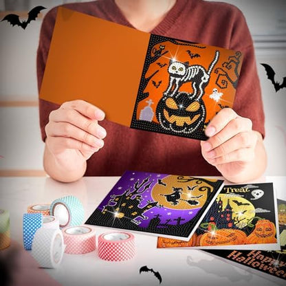 Saillong 12 Pack Halloween Diamond Painting Greeting Card Kits DIY Diamond Art Cards with Envelopes Bat Black Cat Pumpkin 5D Rhinestones Painting for Adults DIY Craft Family Friend Halloween Gifts - Image 2
