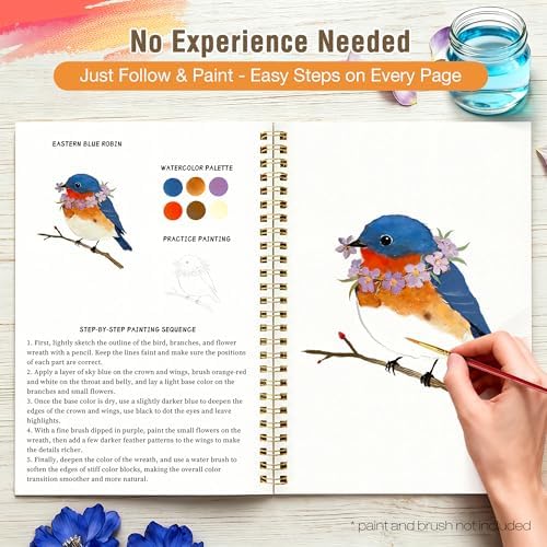 Creazic Watercolor Workbook for Adult Beginners, Pre-Sketched Bird Watercolor Coloring Book, Easy Step-by-Step Watercolor Tutorial on 140lb Paper, Spiral-Bound for Relaxation & Creative Art Practice - Image 3
