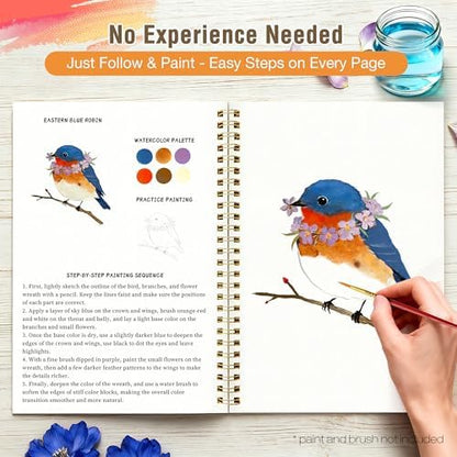 Creazic Watercolor Workbook for Adult Beginners, Pre-Sketched Bird Watercolor Coloring Book, Easy Step-by-Step Watercolor Tutorial on 140lb Paper, Spiral-Bound for Relaxation & Creative Art Practice - Image 3