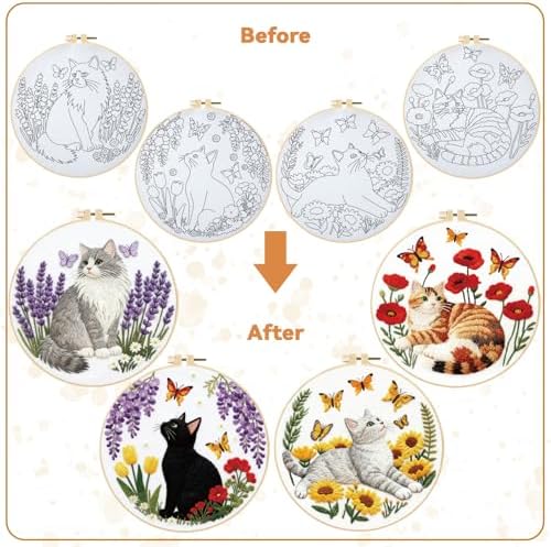 BEUNITONE 4 Set Embroidery Kit for Beginners, Cat and Butterfly Pre-Stamped Pattern Needlepoint Kits for Adults with Hoop and Instruction, Cute Hand Embroidery Patterns for Cloth and Home Decor - Image 4