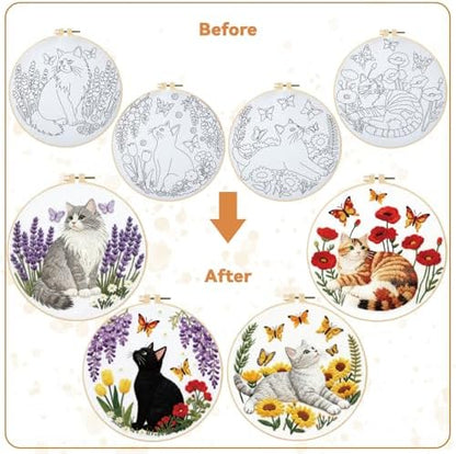 BEUNITONE 4 Set Embroidery Kit for Beginners, Cat and Butterfly Pre-Stamped Pattern Needlepoint Kits for Adults with Hoop and Instruction, Cute Hand Embroidery Patterns for Cloth and Home Decor - Image 4