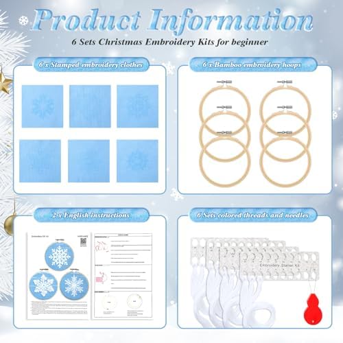Roowest 6 Sets Christmas Embroidery Kits Snowflake Ornament DIY,Blue - Image 2