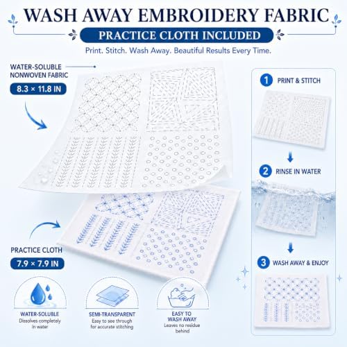 94 Pcs Sashiko Embroidery Kit for Beginners,Visible Mending,Hand Quilting,DIY Stitching and Sewing Projects,with Blue Sashiko Thread and Needles,Thimble,Stencils,Water-Soluble Pattern Sheets - Image 5