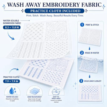 94 Pcs Sashiko Embroidery Kit for Beginners,Visible Mending,Hand Quilting,DIY Stitching and Sewing Projects,with Blue Sashiko Thread and Needles,Thimble,Stencils,Water-Soluble Pattern Sheets - Image 5