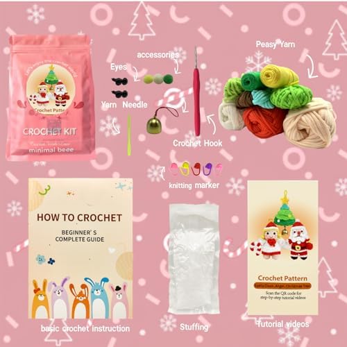 minimal beee Beginner Christmas Crochet Kit - 3-Piece Santa & Mrs. Claus Set, Complete Craft Supplies with Video Tutorials for Christmas Tree Decor.Gift Hobby for Adults - Image 4