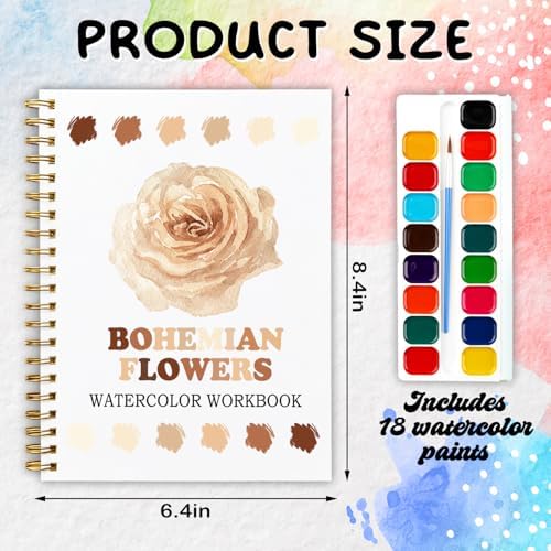 12 Boho Flower Patterns Watercolor Set, Bohemian Floral Painting Book for Beginners, Stress Relief Art Gift for Women, Relaxing DIY Workbook - Image 2