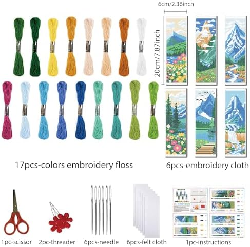 FREEBLOSS 6 Set Cross Stitch Bookmarks Kit Mountains&Rivers Stamped Cross Stitch Kit DIY Embroidery Bookmark Set with Instruction for Adults Beginners Gift for Reading Enthusiasts 8 * 2.4inch 11CT - Image 2