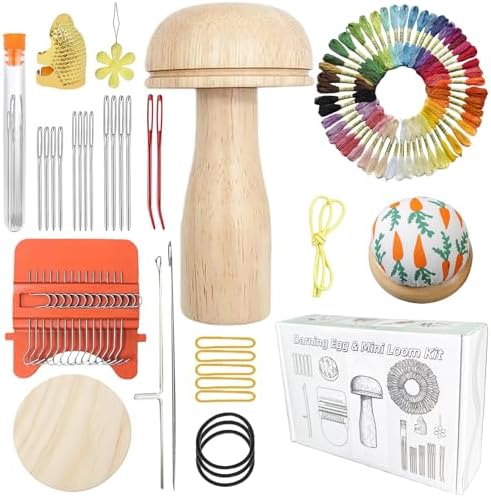 YFXJC Mini Darning Mushroom, Darning Weaving Tool Set with Small Weaving Loom Kit with 14 Pcs Large Eye Needles 50 Colors Thread for DIY Handicraft Home Sewing Care (Orange-Mushroom) by Unknown