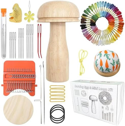 YFXJC Mini Darning Mushroom, Darning Weaving Tool Set with Small Weaving Loom Kit with 14 Pcs Large Eye Needles 50 Colors Thread for DIY Handicraft Home Sewing Care (Orange-Mushroom) by Unknown