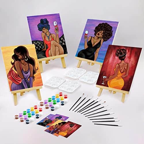 VOCHIC 4 Pack Canvas Painting Kit Pre Drawn Canvas for Painting for Adults Party Kits Paint and Sip Party Supplies 8x10 in 8 Acrylic Colors,3 Brush,1 Pallet Chic Girl Art Set - Image 2
