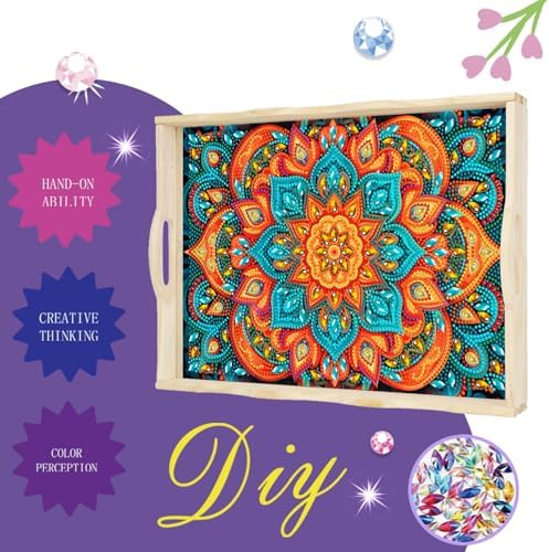 EWJRNSF Diamond Art Kits for Adults Wooden Serving Trays with Handles, 5D Diamond Painting Big Gem Arts and Craft Gifts Trays Decor Gift Home Decor 12.2x16.1 Inches Mandala E - Image 4