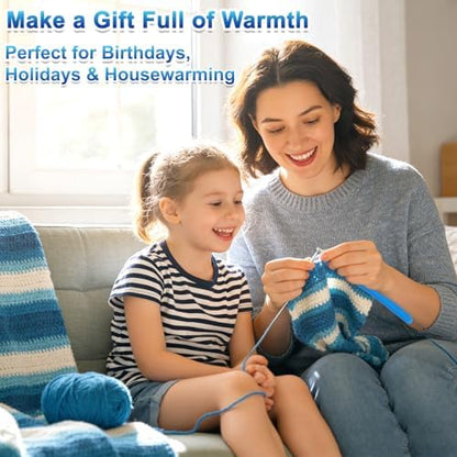 Reessy Crochet Blanket Kit for Adult Beginners, Blue Ombre Chenille Yarn - Image 6