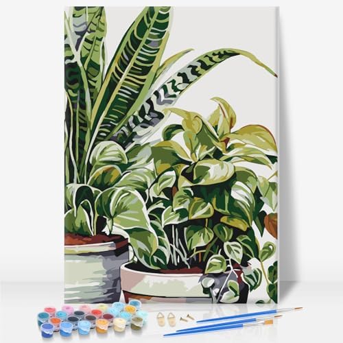 Framed Paint by Numbers Kit for Adults Beginners – Tropical Green Plants by CamocinDIYKit