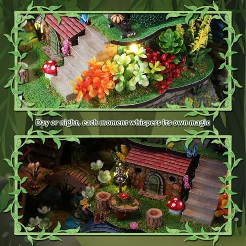 Book Nook DIY Miniature House Kit, 3D Wooden Puzzle Coffee House Dollhouse with Light & Tools, Creative Bookshelf Insert Craft Gifts for Adults Teens (Forest Garden) - Image 5