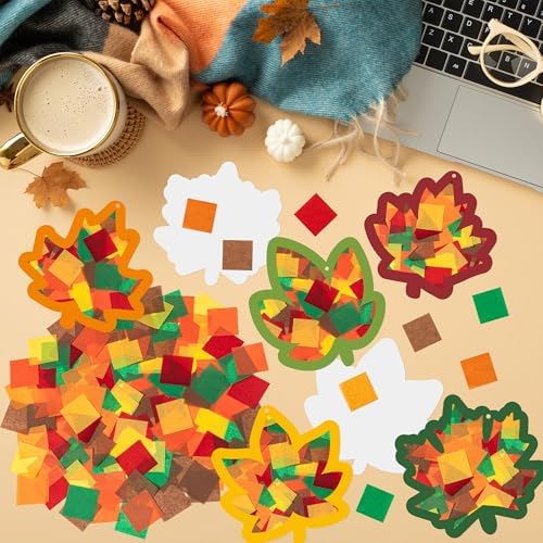 CJiangpo 24 Sets Fall Maple Leaves Suncatcher Paper Craft Kits, DIY Stained Glass Effect Window Ornament Rainbow Tissue Paper Art Craft Classroom Activities Supplies Thanksgiving Party Decor - Image 4