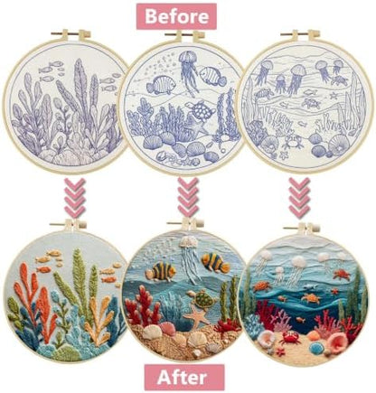LYMIGER 3 Packs Embroidery Kit for Adults, Embroidery for Beginners (Sea-1) - Image 2