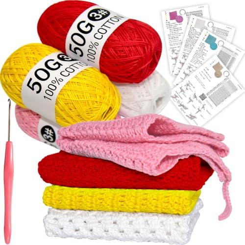 zwzxd Beginner Crochet Kit: Cotton Thread, Hooks & DIY Dishcloth Tutorial （Bold Warm Tone） by zwzxd