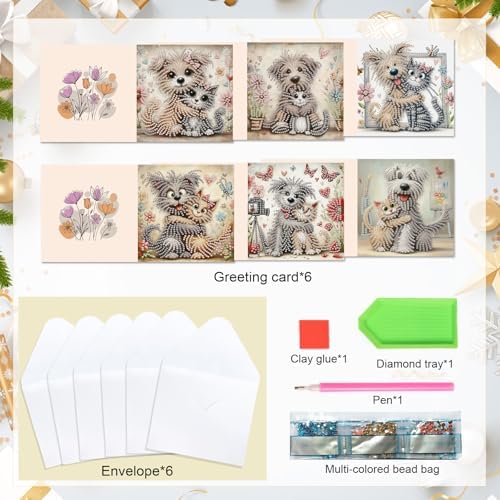 6 Pcs 5D Diamond Painting Greeting Cards Kits, Handmade Festival Greeting Cards with Envelopes DIY Diamond Art Crafts Birthday Cards Laser Effect for Birthdays Holidays Celebrations (Cat Dog Cuddling) - Image 3