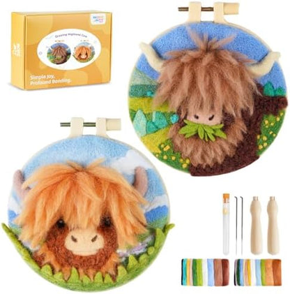 Needle Felting Kit,Embroidery kit for Beginners,Punch Needle Kits Adults Beginner,Punch Needle kit for Beginners, Includes All Tools and Materials,Easy to Follow Instructions and Videos(Highland Cow) by MOREJMTT