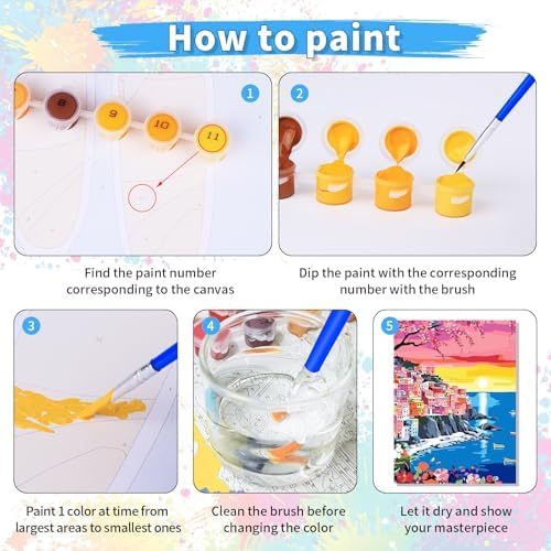 6 Pack DIY Paint by Number Kit for Adults - Mediterranean Coastal Scenery Oil Painting Set, 12x16 Inch Canvas (No Frame), 18 Vivid Acrylic Paints - Stress Relief Art Craft for Home Decor & Gifts - Image 4