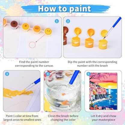 6 Pack DIY Paint by Number Kit for Adults - Mediterranean Coastal Scenery Oil Painting Set, 12x16 Inch Canvas (No Frame), 18 Vivid Acrylic Paints - Stress Relief Art Craft for Home Decor & Gifts - Image 4