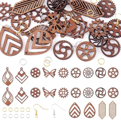 Elecrelive 11 Pairs Wooden Dangle Earring Kits Leaf Rhombus Butterfly Gear Wood Earring Pendants Natural Wooden Charms with Earring Hooks for Jewelry Craft Making by EEEELECRELIVE
