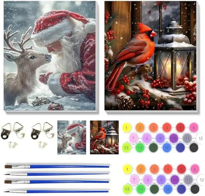 VIGEGU 2 Pack Christmas Paint by Numbers Kit for Adults with Framed,Santa Claus Deer Cardinal Lantern Paint by Number DIY Adult Paint by Number Kits for Wall Decor 9.4x12in by VIGEGU