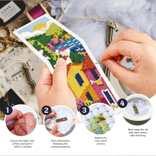 INFUNLY 6pcs Scenery Cross Stitch Bookmark Kit DIY Beach Stamped Embroidery Bookmark Kits 8.7×3.2" Mountain Needlepoint Kit with Instruction Town Easy Cross Stitch Kits for Book Lovers Readers - Image 4