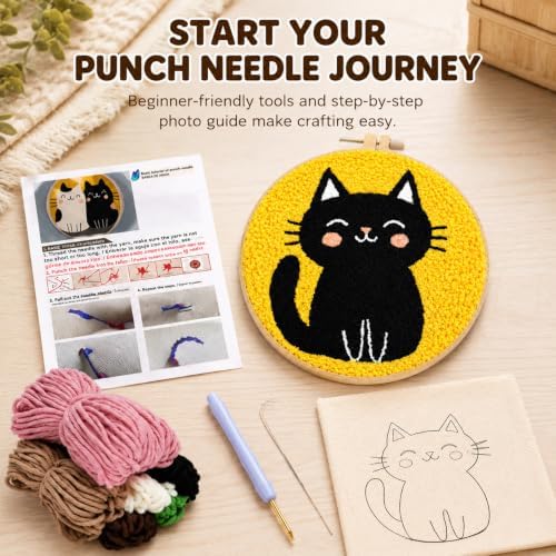 Punch Needle Kit for Beginners, DIY Black Cat Craft with Embroidery Hoop - Image 4