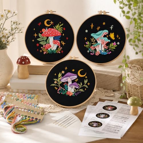 Nuberlic 3 Pack Embroidery Kit for Beginners, Mushroom Cross Stitch Kit - Image 6