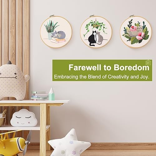 Santune 3 Pack Embroidery Kit for Beginners with Pattern, Cross Stitch Kits for Adults with Instructions,Needlepoint Kits for Adults Include 1 Embroidery Hoops,Color Threads and Needles(Cat) - Image 2