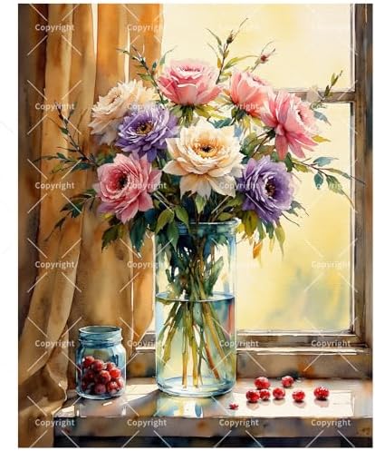 Floral Still Life Paint by Numbers Kit for Adults - DIY Colorful Flower Bouquet by Window Painting on Canvas 16x20 Inches, Acrylic Paint Set, Suitable for Beginners, Art for Home Decoration or Gifts by Unknown