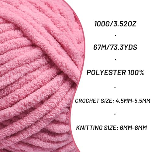 Chunky Chenille Yarn for Crocheting, Baby Yarn for Crocheting Soft Blankets, Bulky Yarns for Crochet Amigurumi, 100g (74.3yds) Fluffy Velvet Yarns for Hand Knitting (Deep Pink) - Image 2