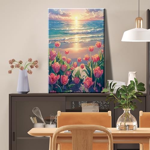 JOOZ Paint by Numbers Kit for Adults with Frame, Flowers Paint by Numbers for Adults, Seaside Sunset Paint by Number with Easel, DIY Tulip Oil Painting Kit for Home Wall Decor 8 x 12 Inch - Image 3