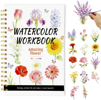 Watercolor Workbook for Adults – Flowers Watercolor Coloring Book with 14 Watercolor Paintings & Color Mixing Guide – Large 200GSM Paper for Beginners & Art Enthusiasts by ZABARE
