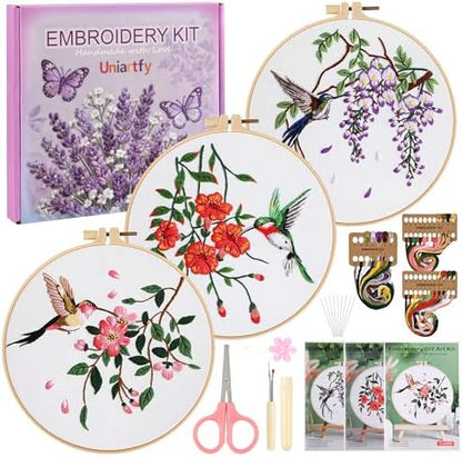 Uniartfy Embroidery Kit for Beginners with Hummingbird and Flower Pattern by Uniartfy