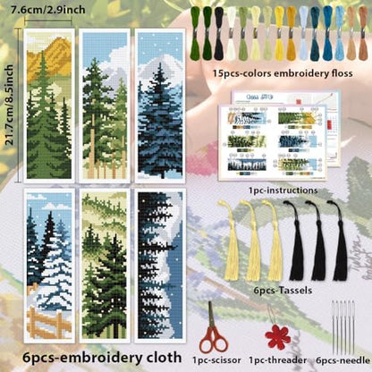 ACRNIGHEET 6PCS Cross Stitch Bookmark Kit for Beginner Pine Stamped Cross Stitch Kits Needlepoint Kit for Adults DIY Tassel Embroidery Bookmark Kits with Instructions Craft Gift 8.5"x3" 11CT - Image 2