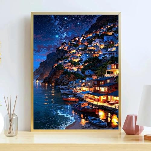 koemhxb Mediterranean Night Paint by Numbers Kit for Adults, Coastal Village Painting by Numbers, Adult Paint by Number Kits Suitable for Gifts and Interior Decor 16x20 Inch - Image 3