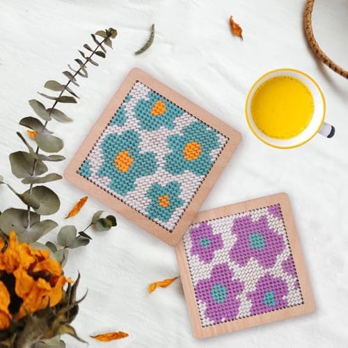 Yushen 4Pcs Flower Coaster Needlepoint Kit for Adult Cross Stitch Kits DIY Adults No Pattern Stamped Needlepoint Embroidery Set Embroidery Needles Threads Crafts (Flower) - Image 2