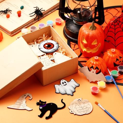 JellyArch 36 Pcs Halloween Wood Cutouts Crafts, Halloween Pumpkin Skull Bat Ghost Blank Unfinished Wooden Shape Slice, DIY Crafts Paint Hanging Ornaments for Party Decor - Image 6