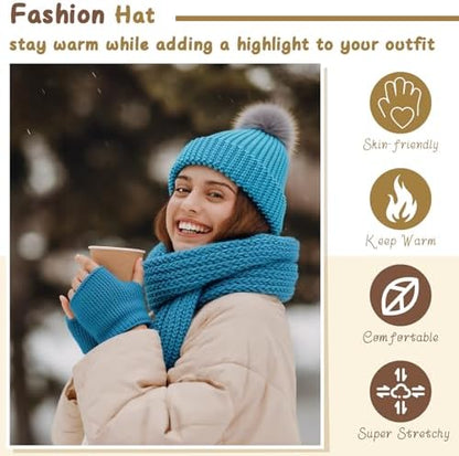 Maasechs Knitting Kit for Beginners Adults Learn to Knit Hat Scarf Glove Complete Knitting Starter Kit with Yarn, Needles, Faux Pom Pom and Step by Step Instruction for Women and Men (Lake Blue) - Image 6