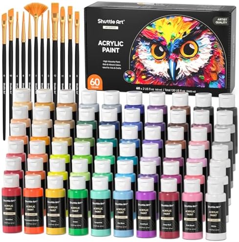 72 Pack Acrylic Paint Set, Shuttle Art 60 Colors Acrylic Paint Including Extra White Black & 12 Brushes, 2oz/60ml, Rich Pigmented, Water Proof, Ideal for Artists, Beginners on Canvas Rock Wood Ceramic by ShuttleArt