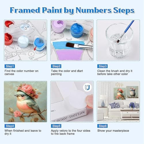 Clendo 4 Pack Bird Paint by Numbers Kit for Adults Beginners Framed - DIY Vintage Adults Paint by Numbers Kits on Canvas with Frame, Small Easy Acrylic Oil Painting for Home Wall Decor (8 x 8 Inch) - Image 6